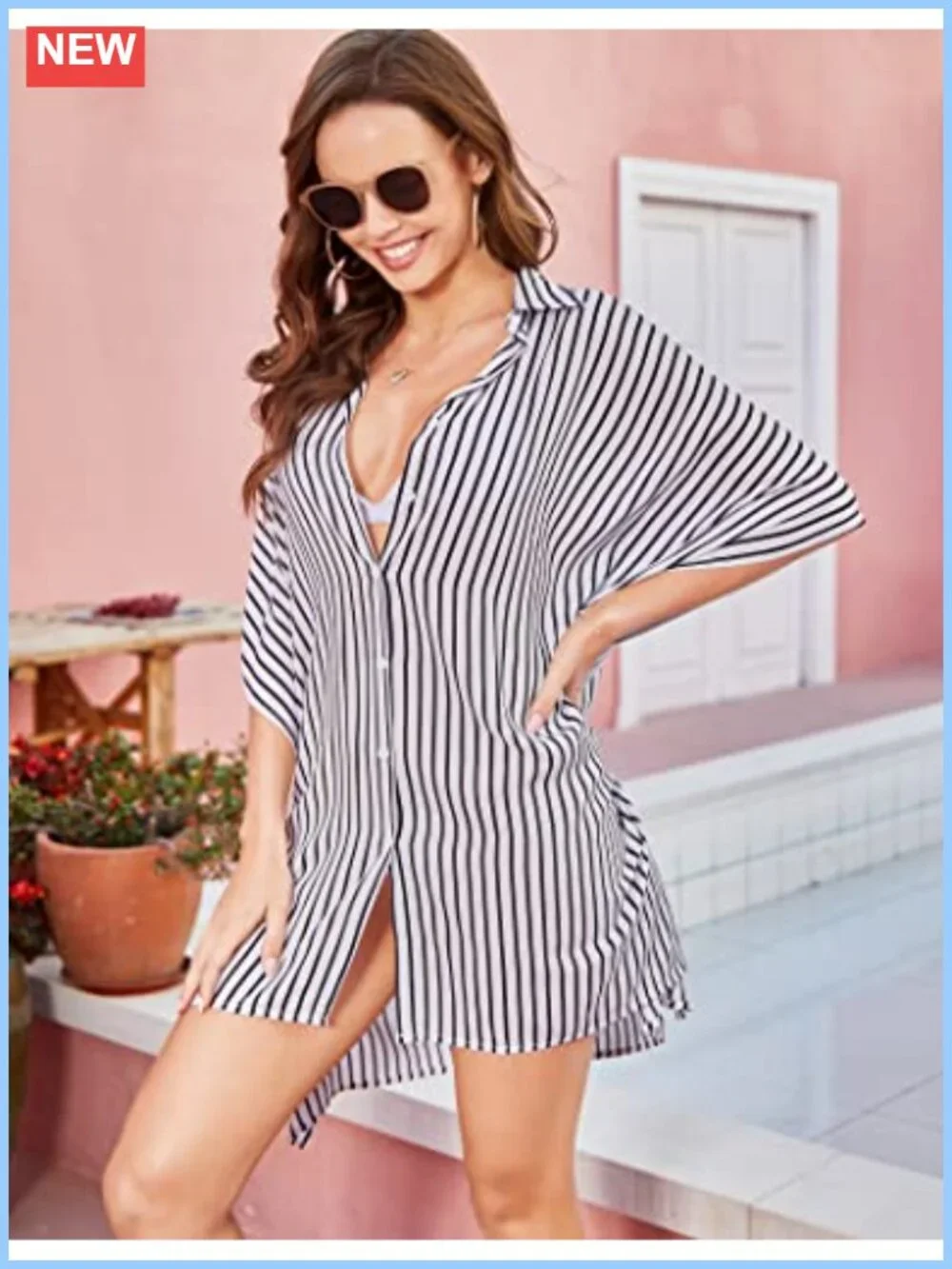 Women's Loose Fit Swim Cover Up Maxi Dress Kimono Style Button Down, Rayon, 3/4